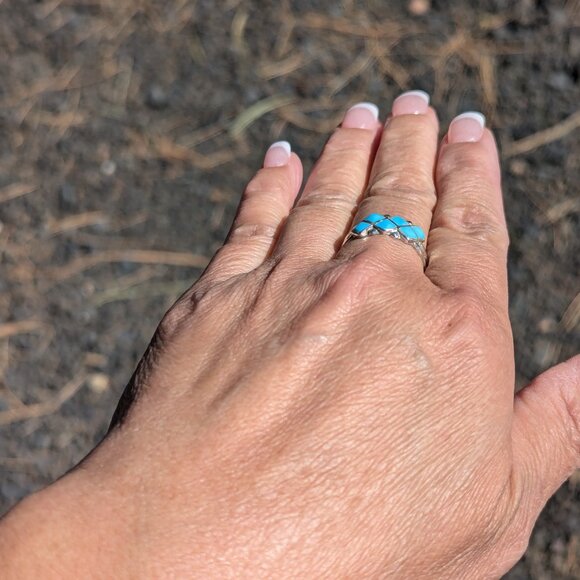 Zuni Turquoise Mini Diamond Cluster‎ Inlay Ring NA Handmade Jewelry Sz 9.25US ** - Picture 7 of 9